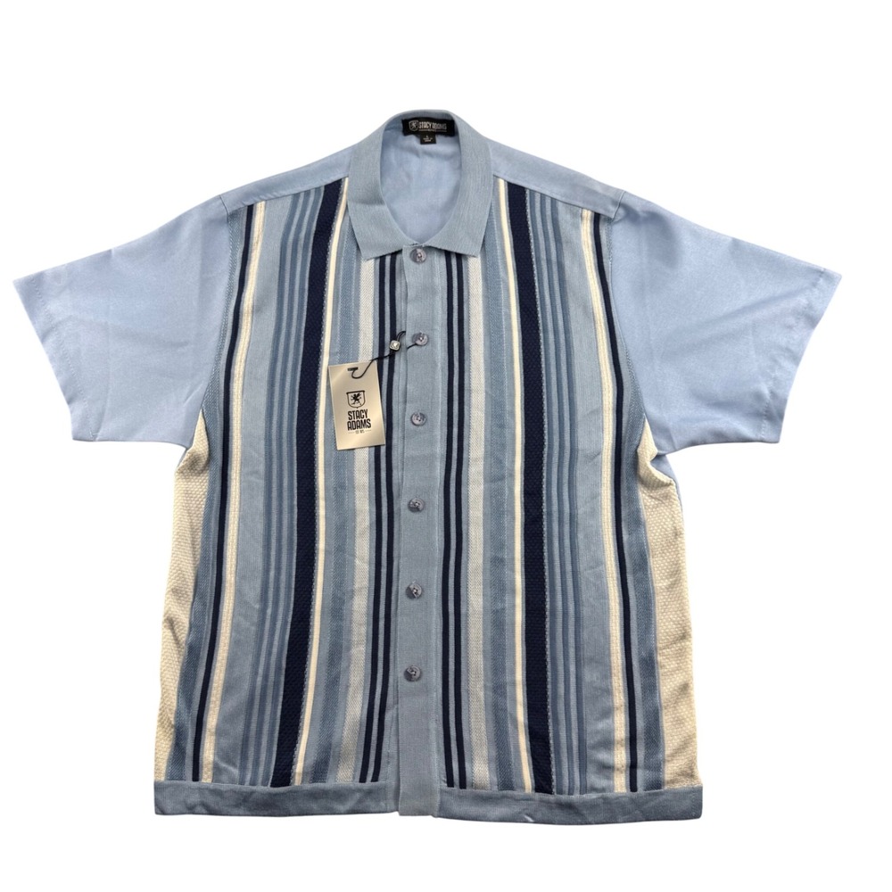 Stacy Adams Mens Blue Vertical Stripe Knit Front Button Up Shirt Large NWT Retro